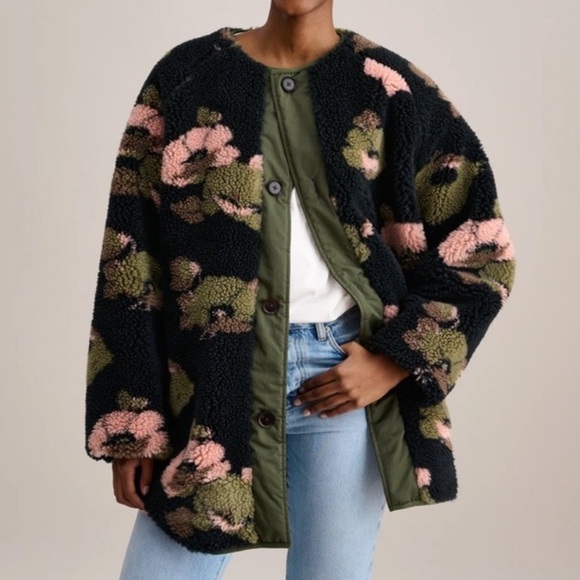 Bellerose Jackets & Blazers - Bellerose Black Olive and Pink Floral Reversible Quilted Teddy Jacket